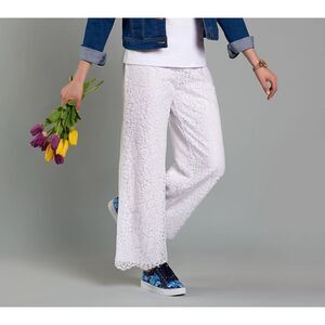Isaac Mizrahi Live! Pants Sz XLP White Lace Knit Regular Wide Leg Elastic Waist‎
